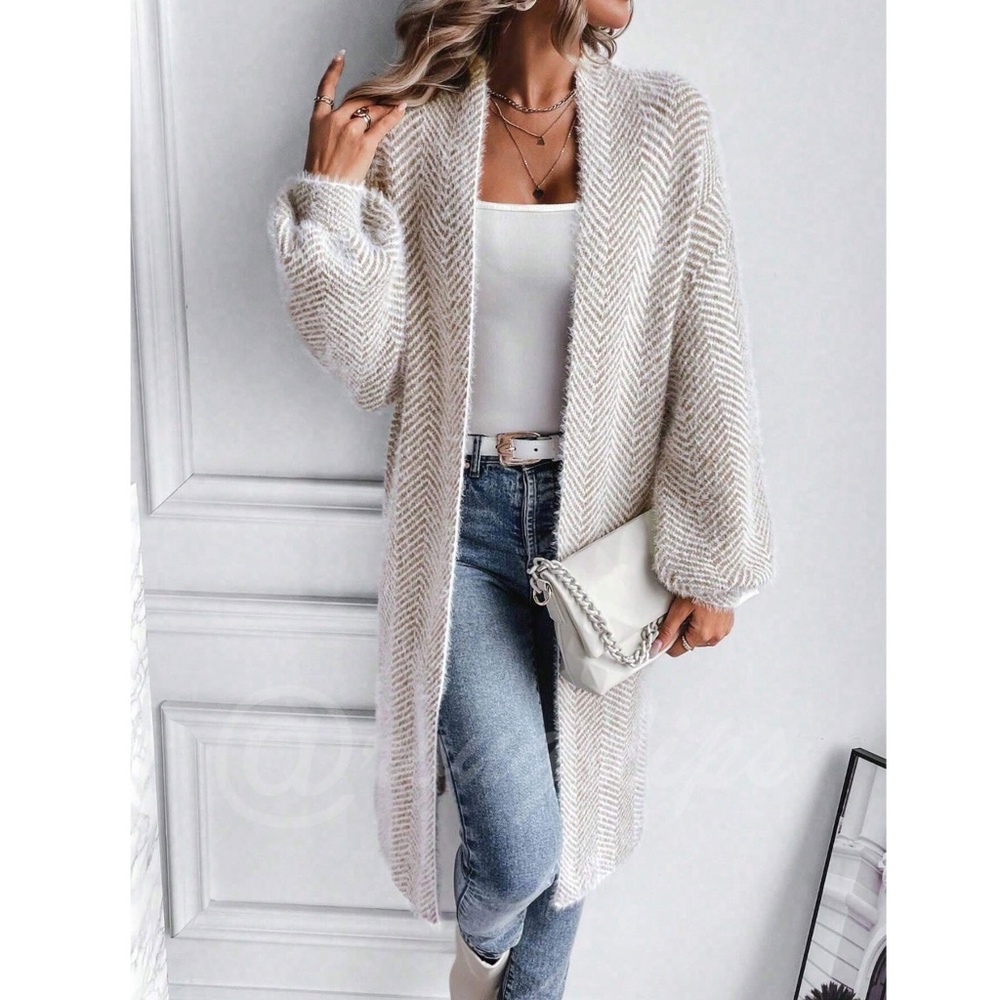 Fuzzy Chevron Beige White Open Cardigan Long Bishop Sleeve Soft - Picture 2 of 10